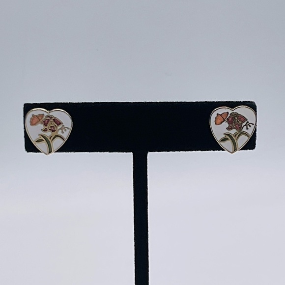 Earrings Cloisonne Stud Butterfly Flower Gold Tone Heart White 80s Vintage Jewel - Picture 3 of 6